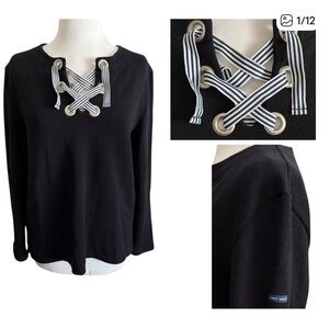 Saint James L'Atelier Wool Cotton Blend Nautical Knit Sweater Black Navy US 12